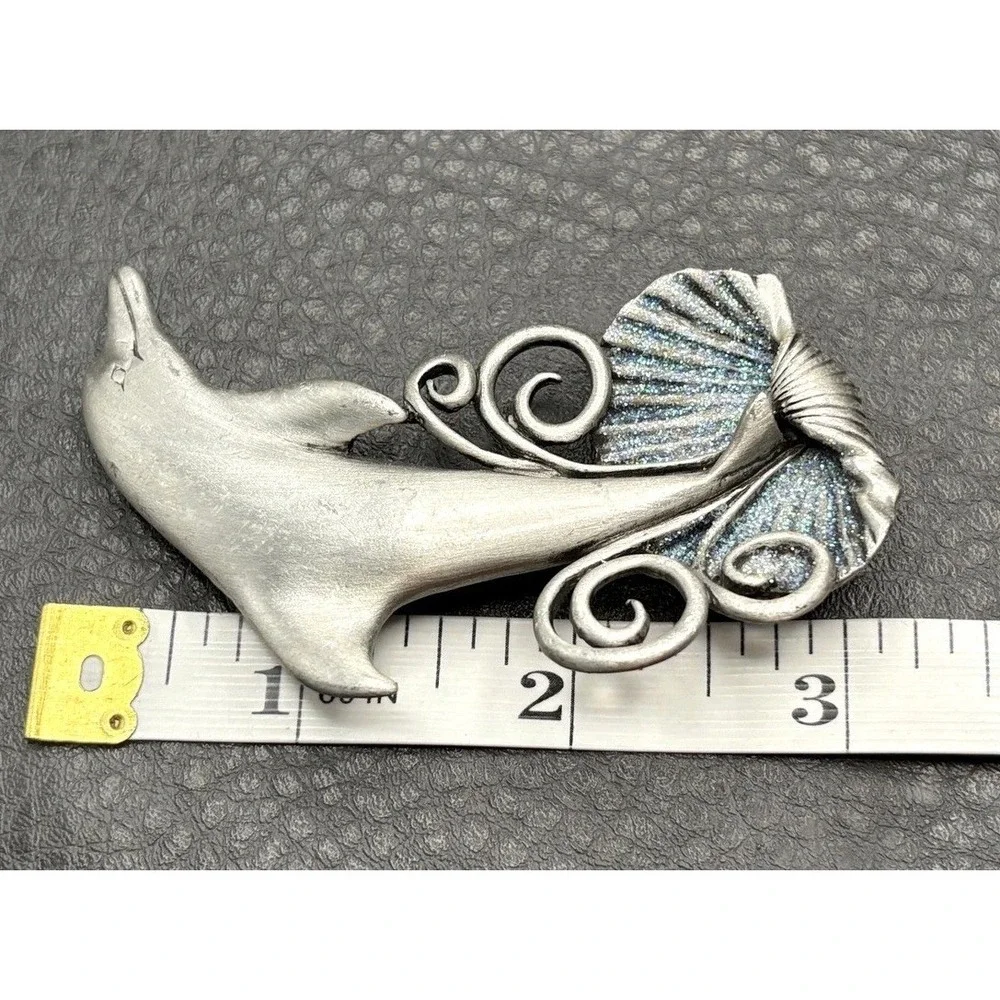 JJ Jonette Pewter Dolphin & Seashell Brooch Pin with Glitter Enamel Accents